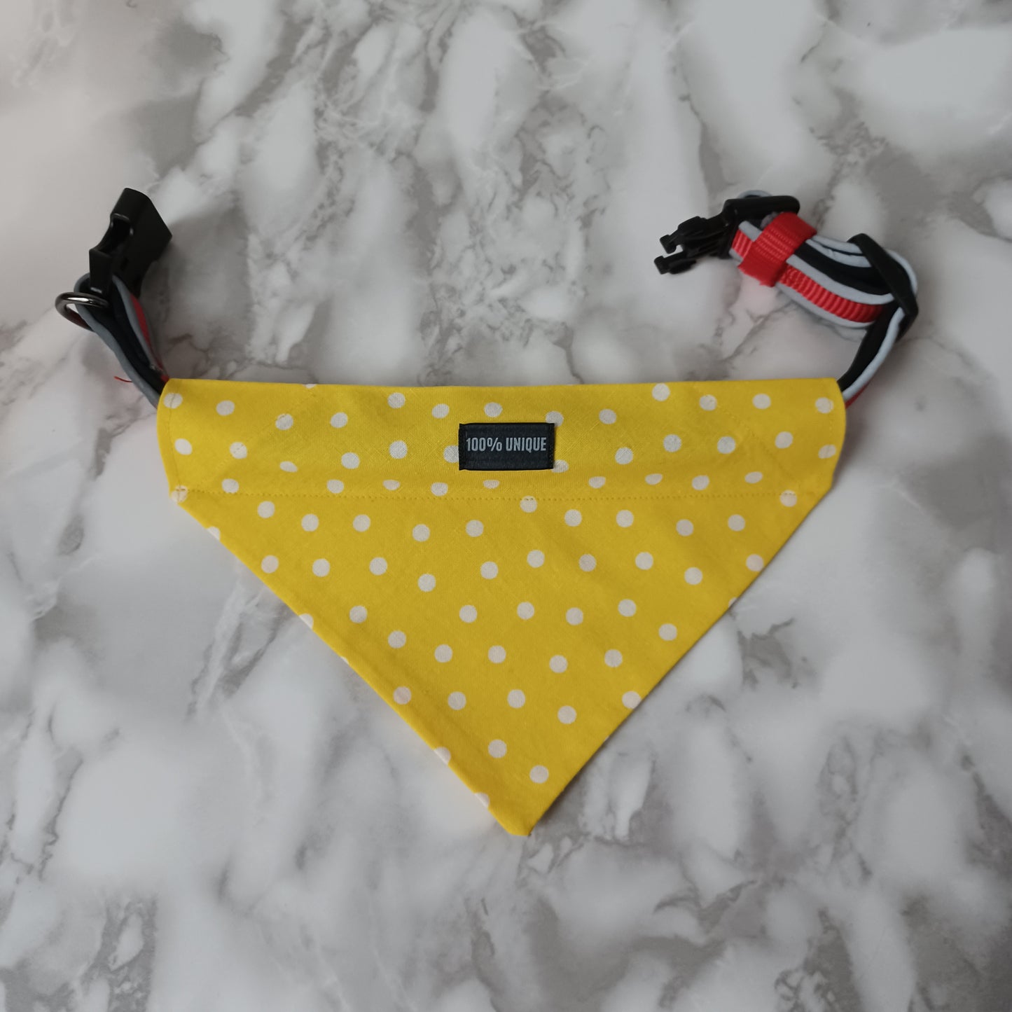 Modèle B-Chat et chien-Foulard par-dessus le collier-Jaune vif picoté blanc/Bandana over the collar- Bright yellow speckled white