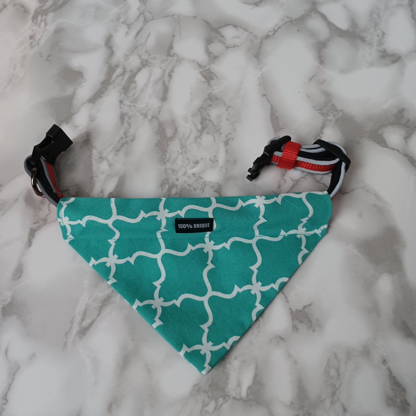 Modèle B-Chat et chien-Foulard par-dessus le collier-Baroque-Turquoise et blanc/Bandana over the collar-Baroque-Turquoise and white