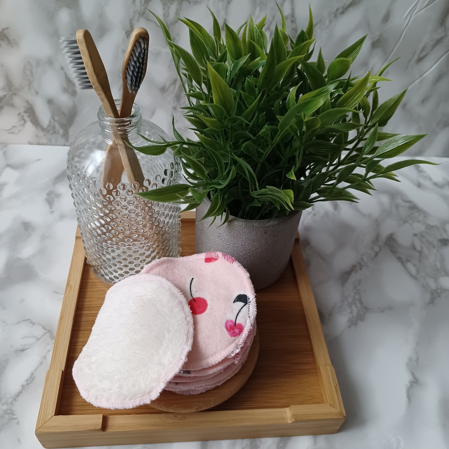 S-Lingettes démaquillantes-Bambou beige-rose avec cerises/S-Makeup remover wipes-Beige bamboo-pink with cherries