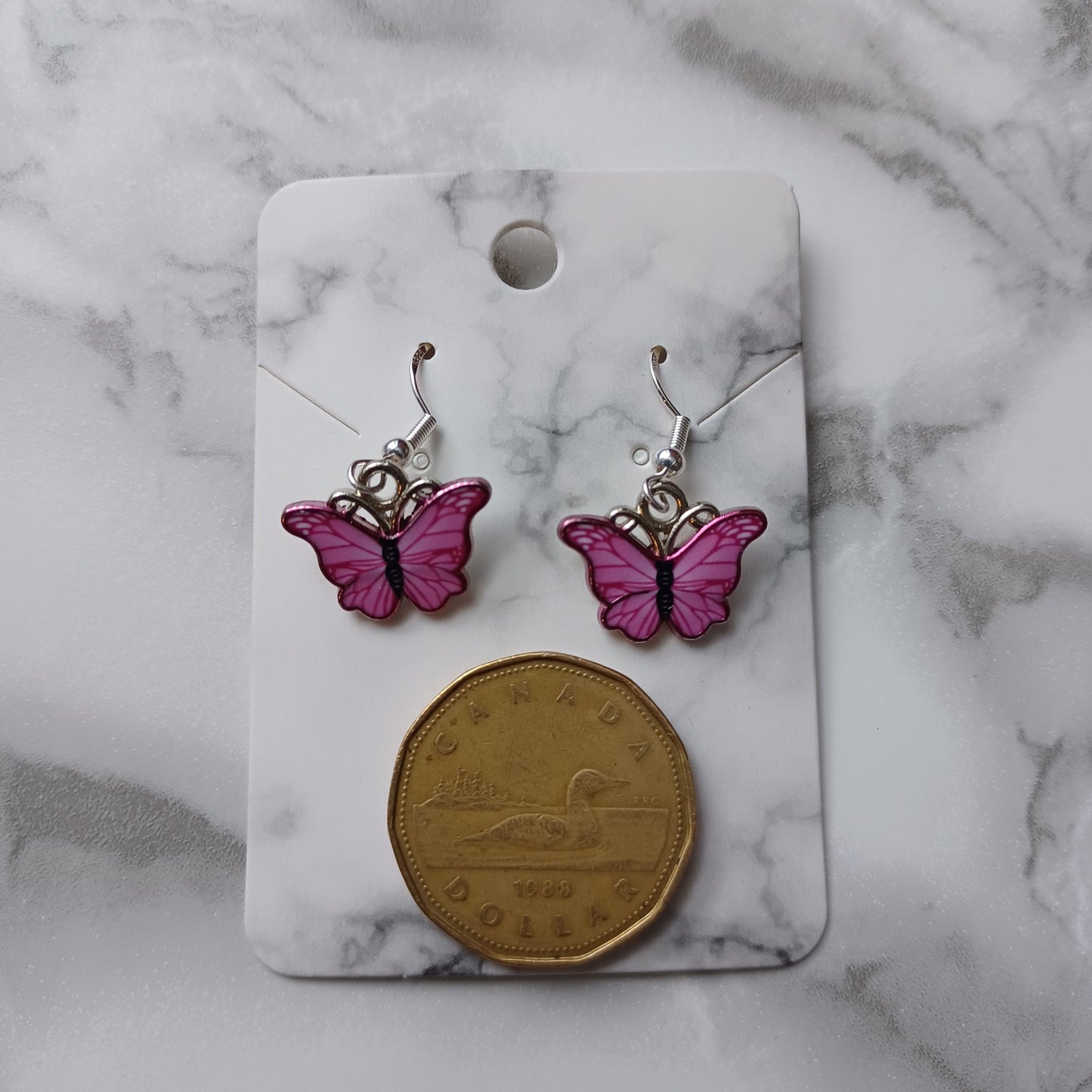 Boucles d'oreilles papillon rose et argent/Pink and silver butterfly earrings