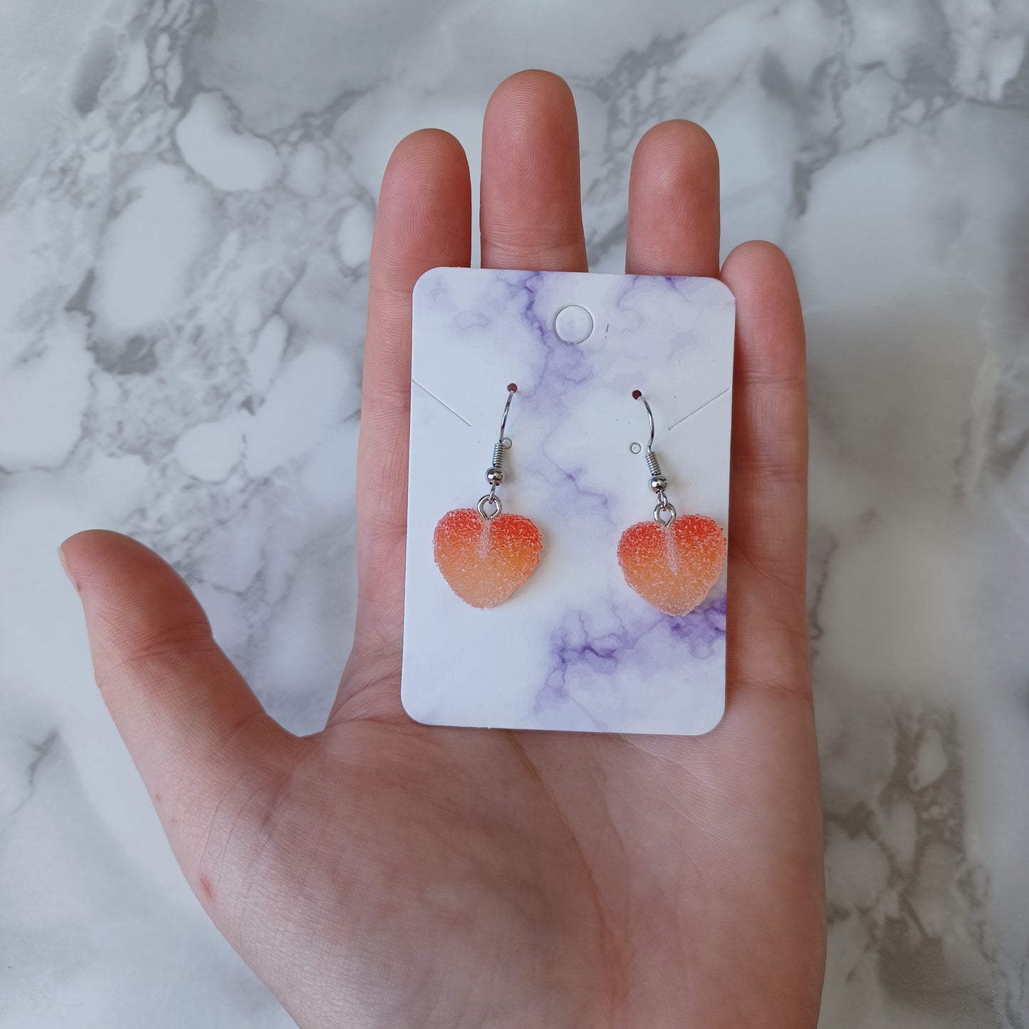 Boucles d'oreilles pendantes-Coeur en bonbon rouge-orange-funky-mignon/Red-orange candy heart-funky-cute hanging earrings