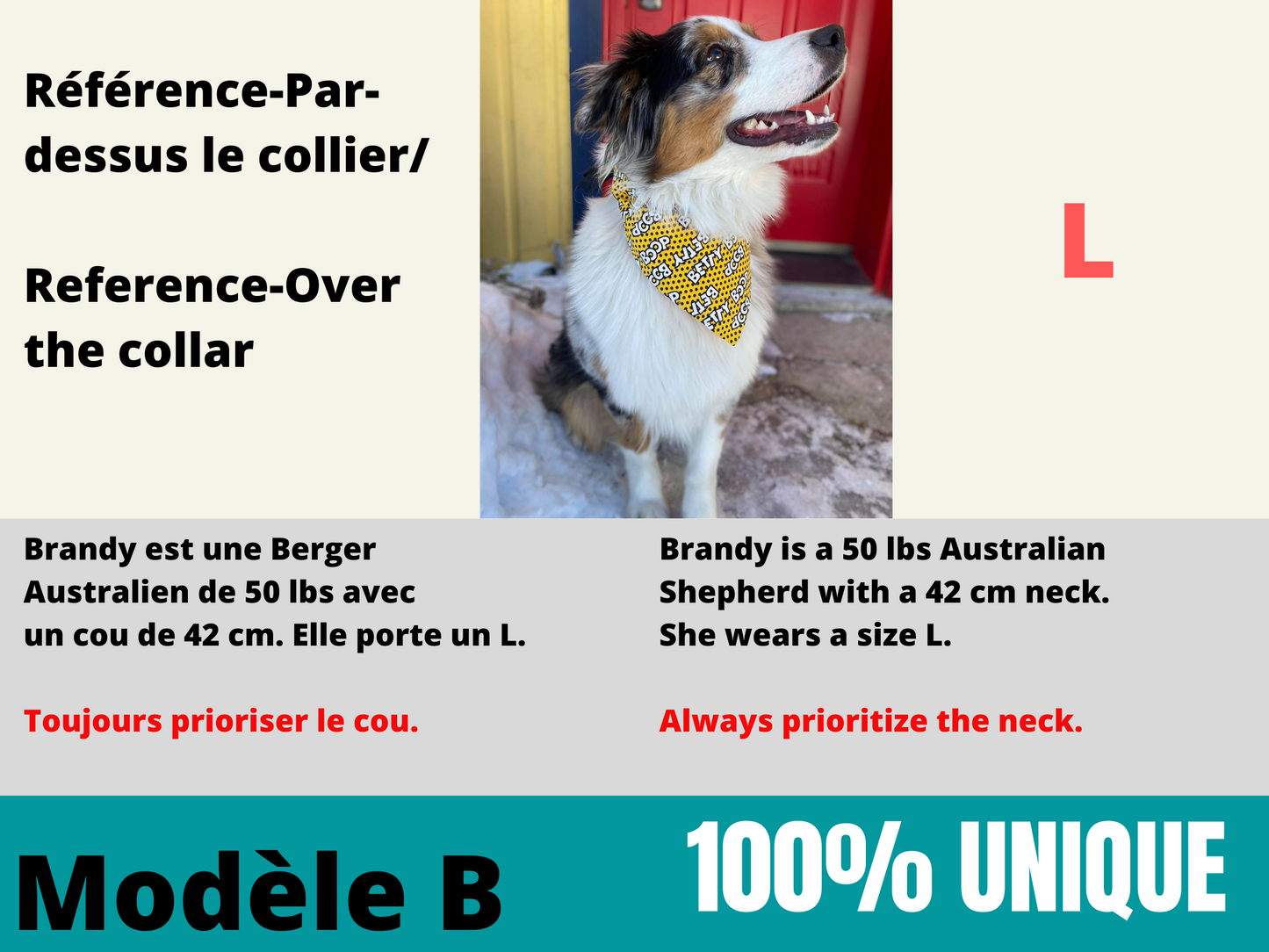 Modèle B-Chat et chien-Foulard par-dessus le collier-Feuilles vertes forêt et lignes dorées/Bandana over the collar-Forest green leaves and golden lines