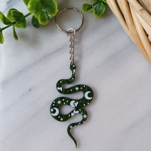 Porte-clés Serpent vert et lunes/Green snake and moons keychain
