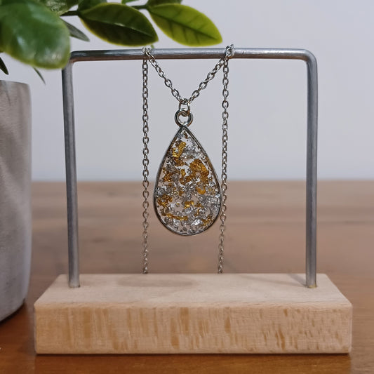 Collier ovale en résine, feuilles d'argent et feuilles d'or