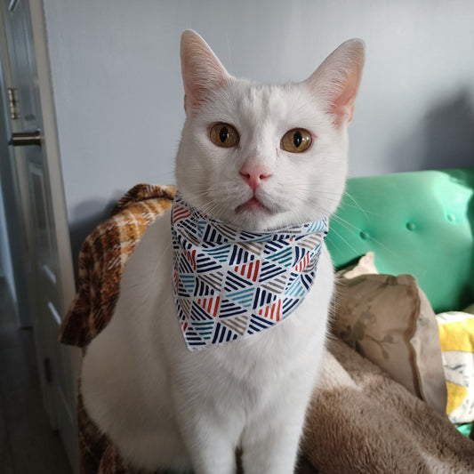 Modèle A-Chat et chien-Foulard Blanc avec lignes bleues-grises et rouges/White bandana with blue-gray and red lines