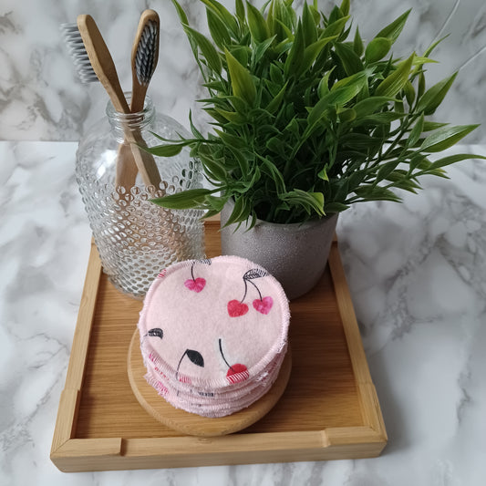 S-Lingettes démaquillantes-Bambou beige-rose avec cerises/S-Makeup remover wipes-Beige bamboo-pink with cherries