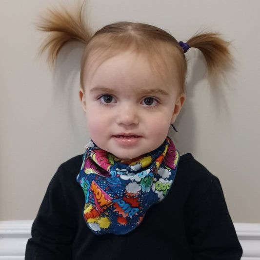 Bavoir-foulard pour bébé-Bleu-Wow et Bang!!!/Baby bib-Scarf-Blue-Wow and Bang!!! 0-36 mois