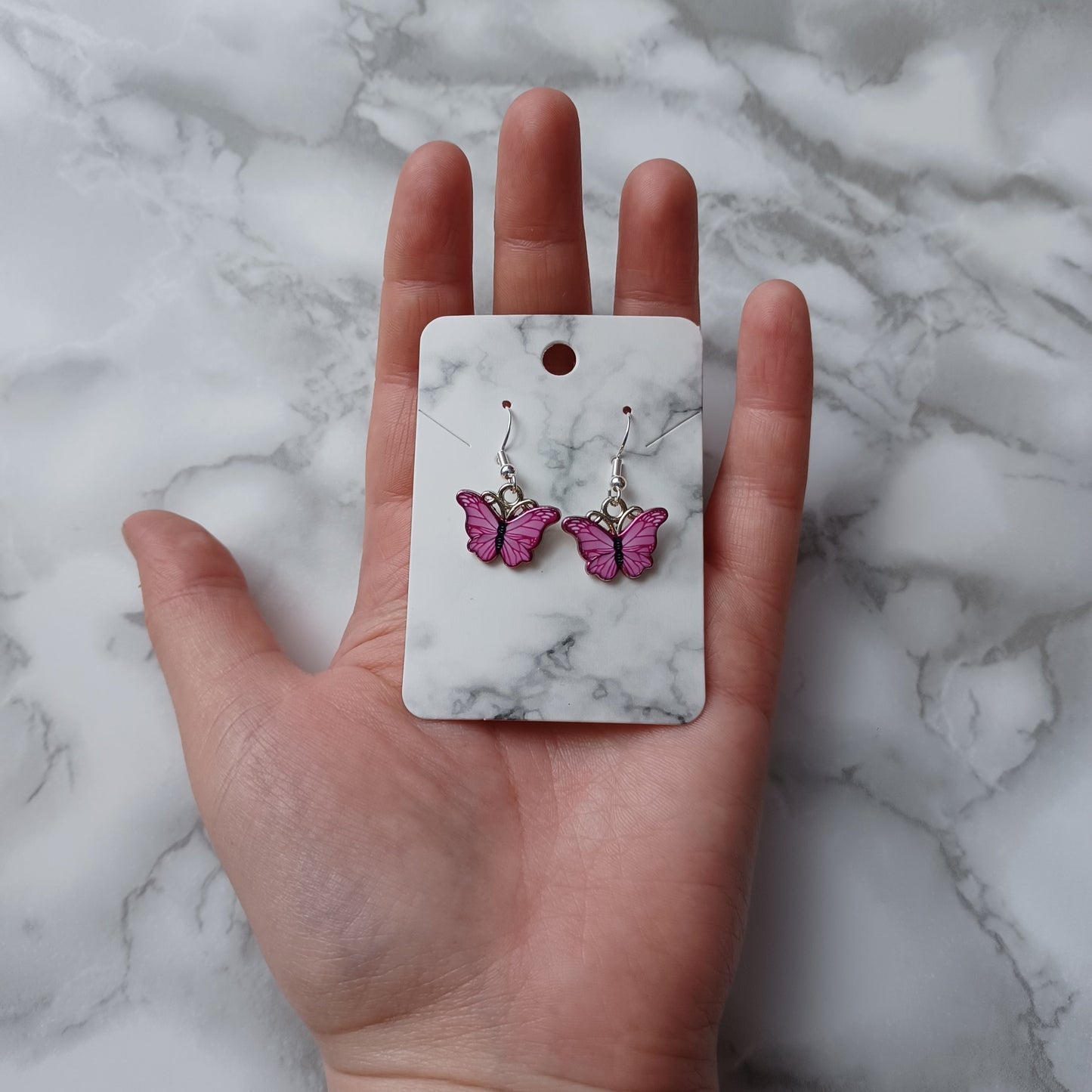 Boucles d'oreilles papillon rose et argent/Pink and silver butterfly earrings
