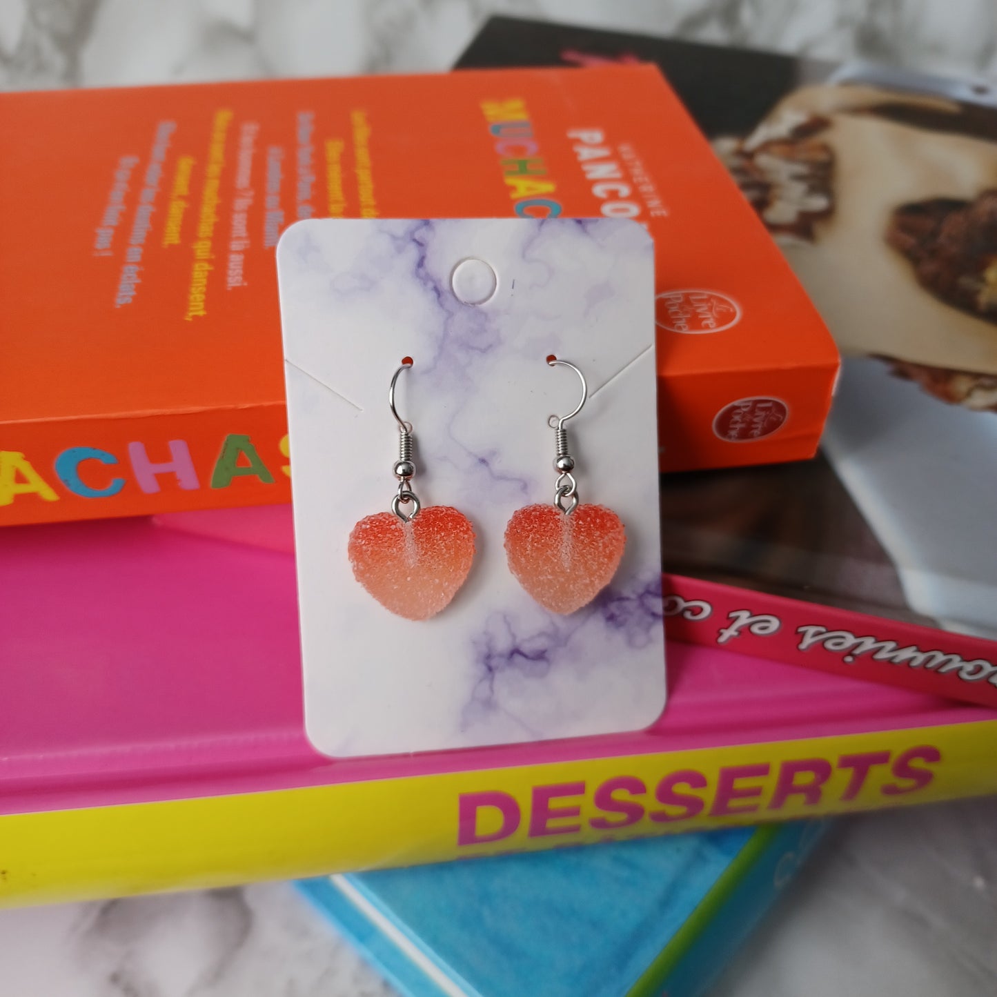 Boucles d'oreilles pendantes-Coeur en bonbon rouge-orange-funky-mignon/Red-orange candy heart-funky-cute hanging earrings