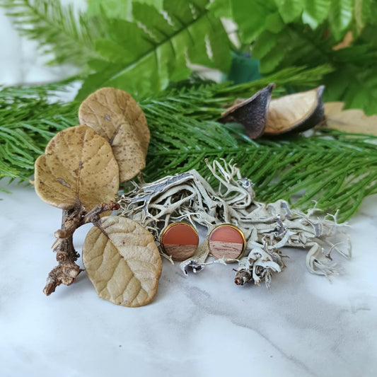 Boucles d'oreilles rondes résine terracotta et bois/Round resin terracotta and wood earrings