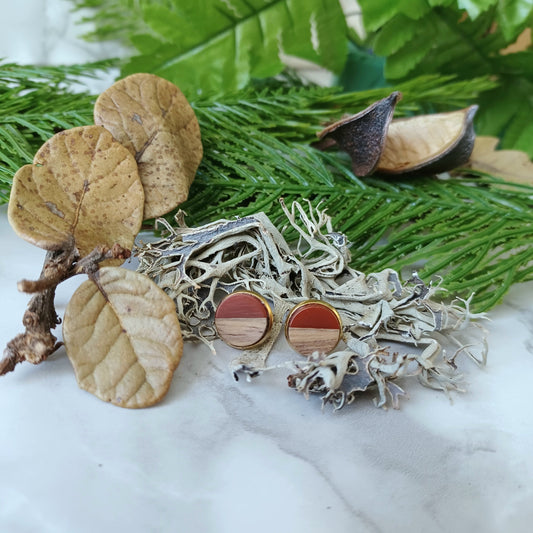 Boucles d'oreilles rondes résine terracotta foncé et bois/Dark terracotta resin and wood round earrings